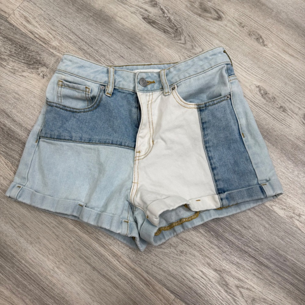 PacSun Patchwork Colorblock Denim Shorts Blue White High Waisted Size 25